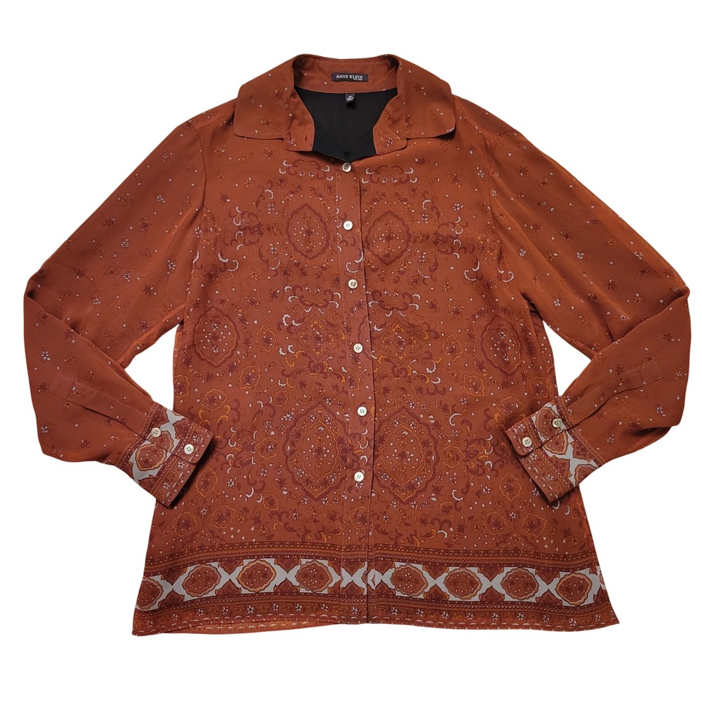 Anne Klein 12 Blouse Rust Red Silk Paisley Medallion Button Down Western Cottage